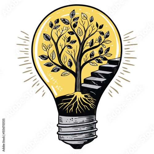 A lightbulb containing roots and steps, symbolizing growth, innovation, and progress within an idea.
