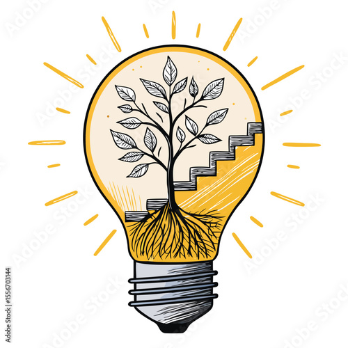 A lightbulb containing roots and steps, symbolizing growth, progress, and innovation.