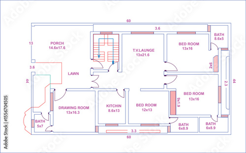 Detailed vector blueprint showing house floor plan with bedrooms, bathrooms, drawing room, kitchen, porch and dimensions for architecture use