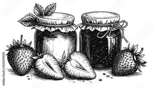 Vintage illustration of strawberry jam jars