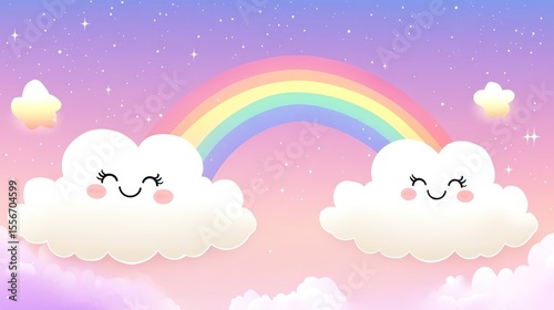 Cute clouds and rainbow in a starry night sky