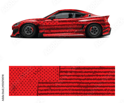 Red Car Wrap with Grunge American Flag Design