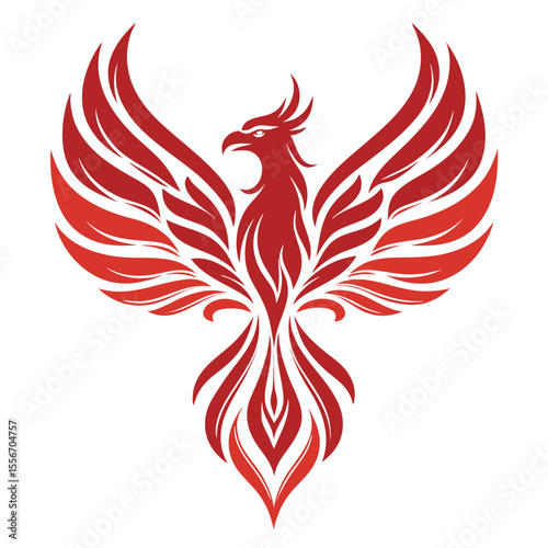 Symmetrical modern phoenix rising logo, geometric, sharp edges, clean lines, vibrant colors, minimalist.