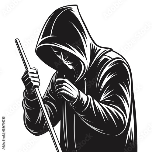 Hooded figure, mysterious, chalking cue stick, low light, pool hall, intense, preparation, focus, enigmatic.