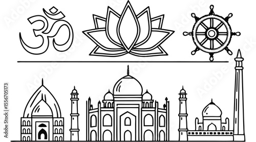 Outline Vector Icons of Hinduism and Indian Culture Symbols