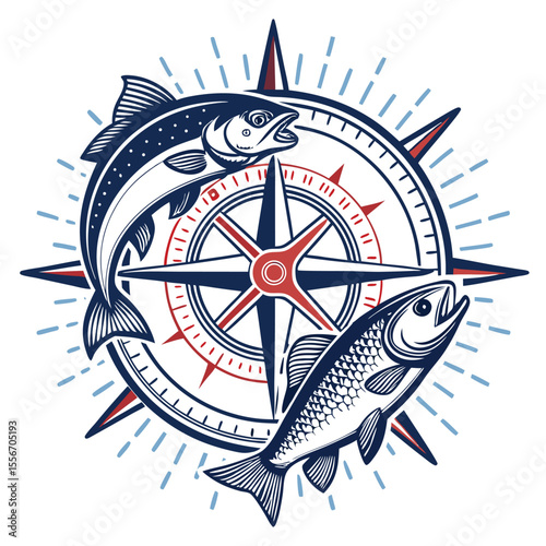 Design a vintage angler badge featuring a compass rose, two intertwined fish, and intricate detailing.  Include space for text.