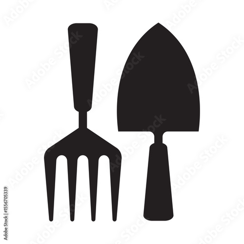 Garden tools icons. Hand fork and trowel for gardening and planting