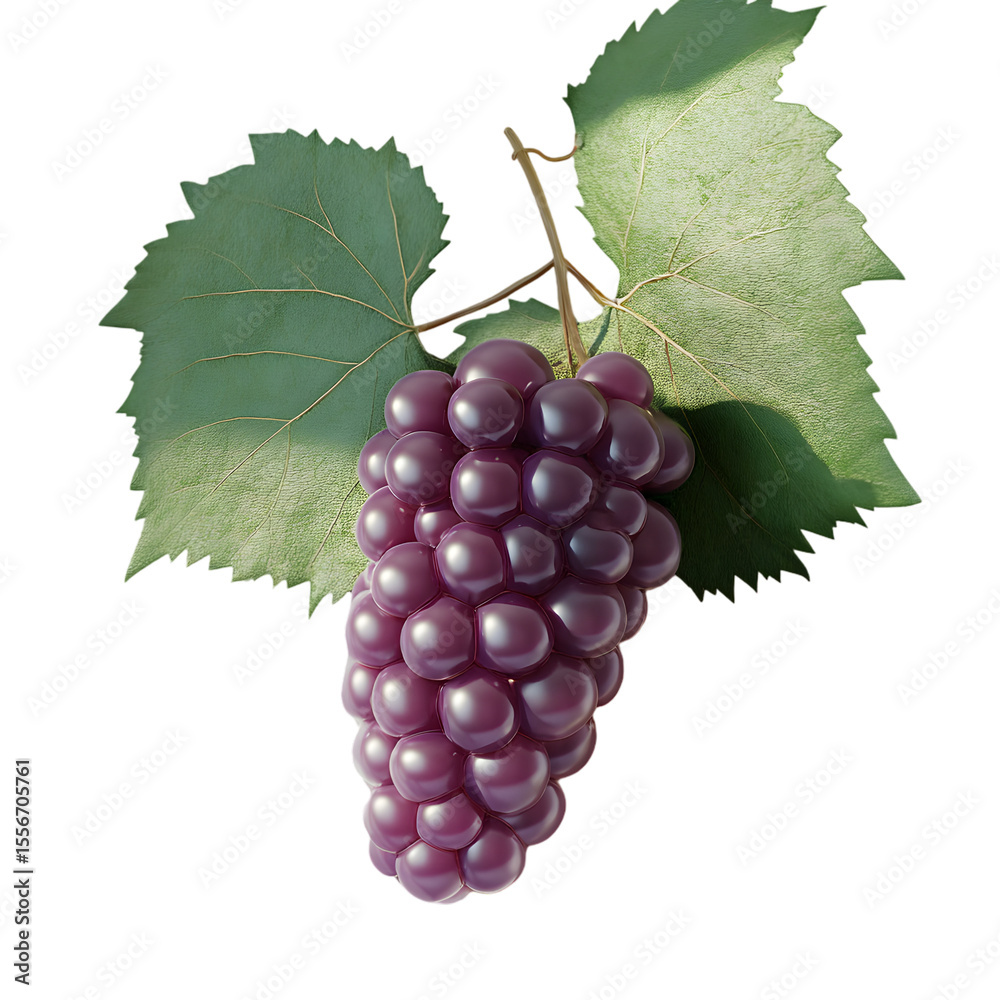 Fototapeta premium A bunch of deep purple grapes with leaves.