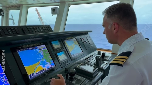 Maritime officer navigating a cruise ship with advanced navigation technology at sea