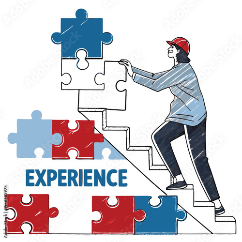 Man building stairs with puzzle pieces. Stairs construction, symbolizing problem solving, success, progress.