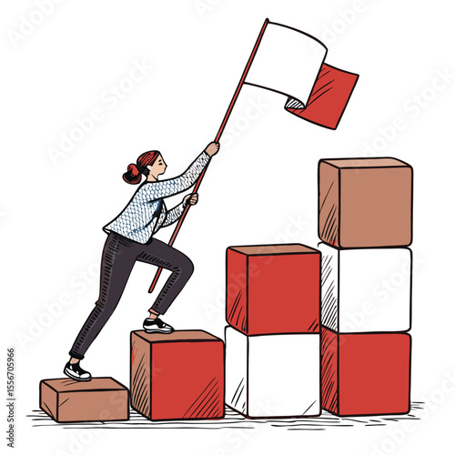 Person ascending stacked cubes, hoisting a goal flag. Success, challenge, determination, climbing.