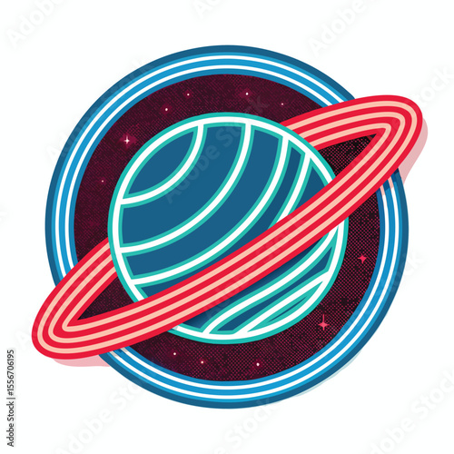 A pool ball planet orbits in a neon logo. Circular motion, billiards, cosmic, cool, vibrant, round.