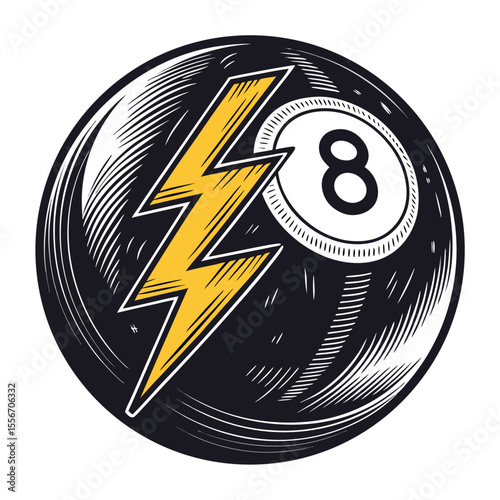 Pool cue strikes like lightning against a black circular background. Dramatic, impactful.