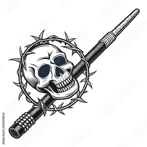 A punk pool cue, skull carving, barbed wire wrap, edgy style, billiard accessory, dark aesthetic, rebellious.