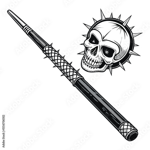 Detailed pool cue, punk style, skull design, barbed wire accents, unique, detailed, vibrant, grungy.