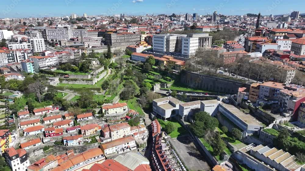 Park Of Virtues In Porto Portugal. Bird Eye View Of Stunning Iconic Recreational Park Of The City. Metropole Skyline Buildings Stunning. Buildings Flyover Business. Porto Portugal. Park Of Virtues In Porto Portugal. Bird Eye View Of Stunning Iconic Recreational Park Of The City. Metropole Skyline Buildings Stunning. Buildings Flyover Business. Porto Portugal.