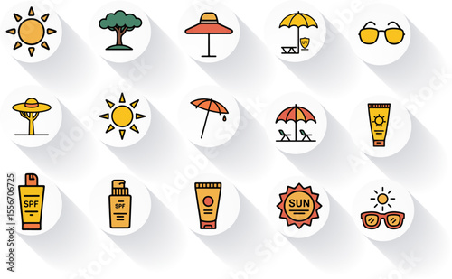Sun and Protection Outline Icons – UV, Sunscreen, Sunglasses, Beach, Summer Vector