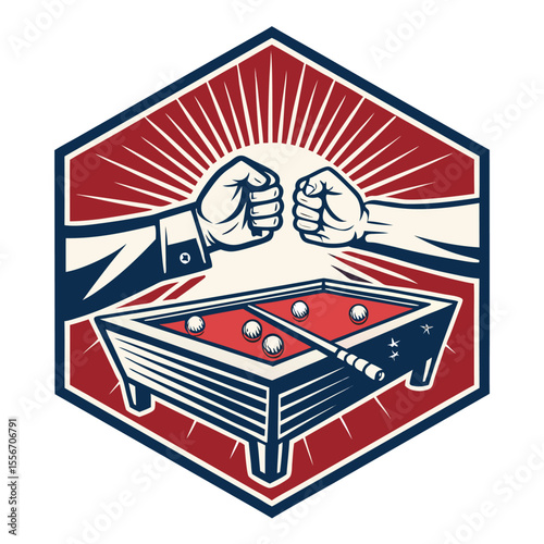 Retro emblem two clenched fists bumping above a pool table. Old school feel, vibrant.