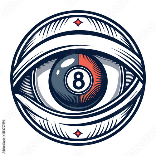 Robotic eye targets a cue ball. Sci-fi logo design with glowing elements. Futuristic, modern, sharp.