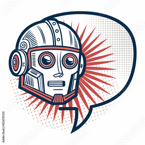 Futuristic robot head integrated with a speech bubble. Isolated digital art.
