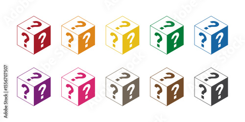 Colorful mystery boxes icon. Question mark cube, Secret prize, and Unknown gift symbol