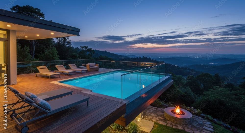 Fototapeta premium Modern house infinity pool valley sunset view