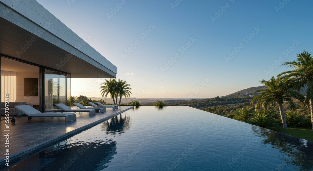 Obraz premium Modern house with infinity pool and tropical view