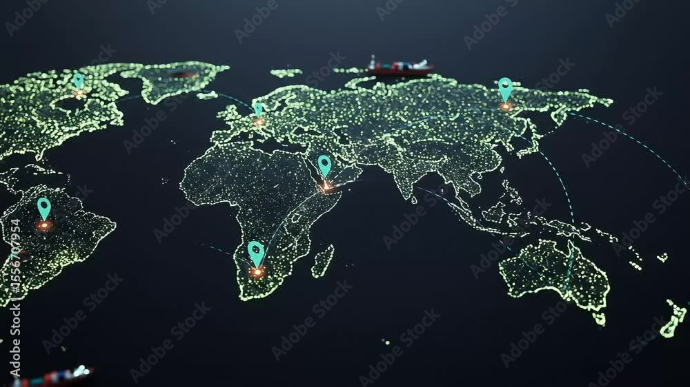 Global trade routes and logistics with ships on world map Stock Video ...