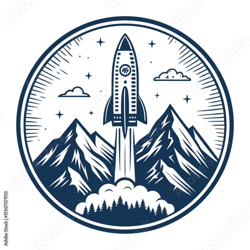 Stylized rocket launch badge. Detailed mountain base. Fiery blastoff. Vector illustration, clean lines, vibrant colors.