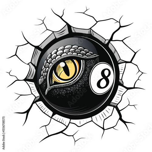 Serpent's eye peers through shattered eight ball. Isola. Dramatic lighting. Intricate detail.