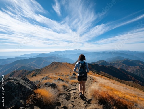 Walking towards the mountain: A solo female hiker ventures confidently along a winding path towards majestic mountain peaks, embracing the panoramic landscape. Generative ai illustration.