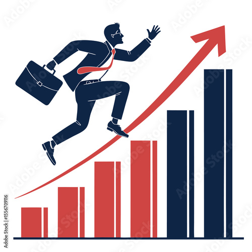 Silhouette professional leaping gap between bars, dynamic pose, challenge overcoming, financial growth metaphor.