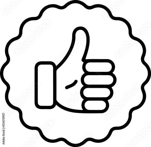 Simple black line art thumbs up icon inside a scalloped circle emblem