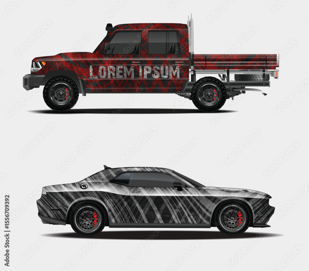 Fototapeta premium Custom Car Wraps Design Mockup for Pickup Truck and Sports Car