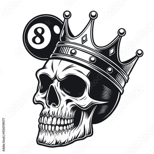 Skeletal skull adorns a billiard crown, a floating 8-ball orbits. Dark, whimsical, detailed.