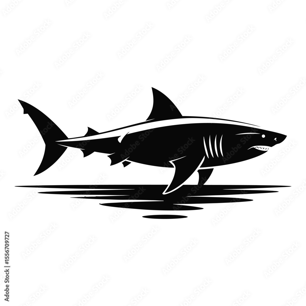 Fototapeta premium Black and White Great White Shark Silhouette Ocean Water Graphic Vector Illustration