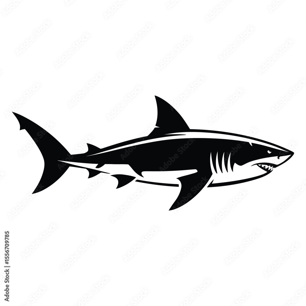 Naklejka premium Black and White Great White Shark Silhouette Powerful Aquatic Predator Marine Animal Ocean Wildlife