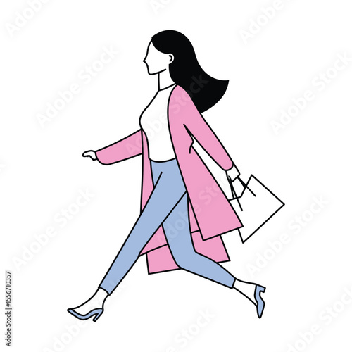 Elegant black haired woman walks with shopping bag in a pink coat on transparent background
