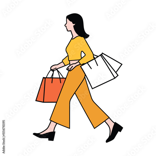 Walking woman carries orange and white shopping bags after purchases on transparent background