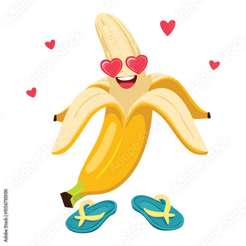 Cute Banana Character with Heart Eyes Joy - Vector Illustration