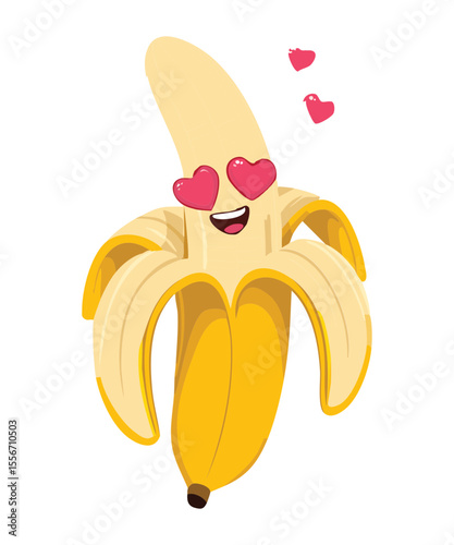 Smiling Peeled Banana Character with Hearts - Vector Illustration