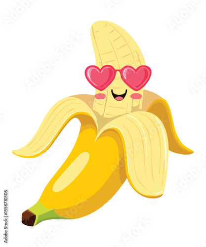 Sweet Peeled Banana Character with Hearts - Vector Illustration