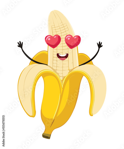 Happy Banana Character with Heart Eyes - Vector Illustration