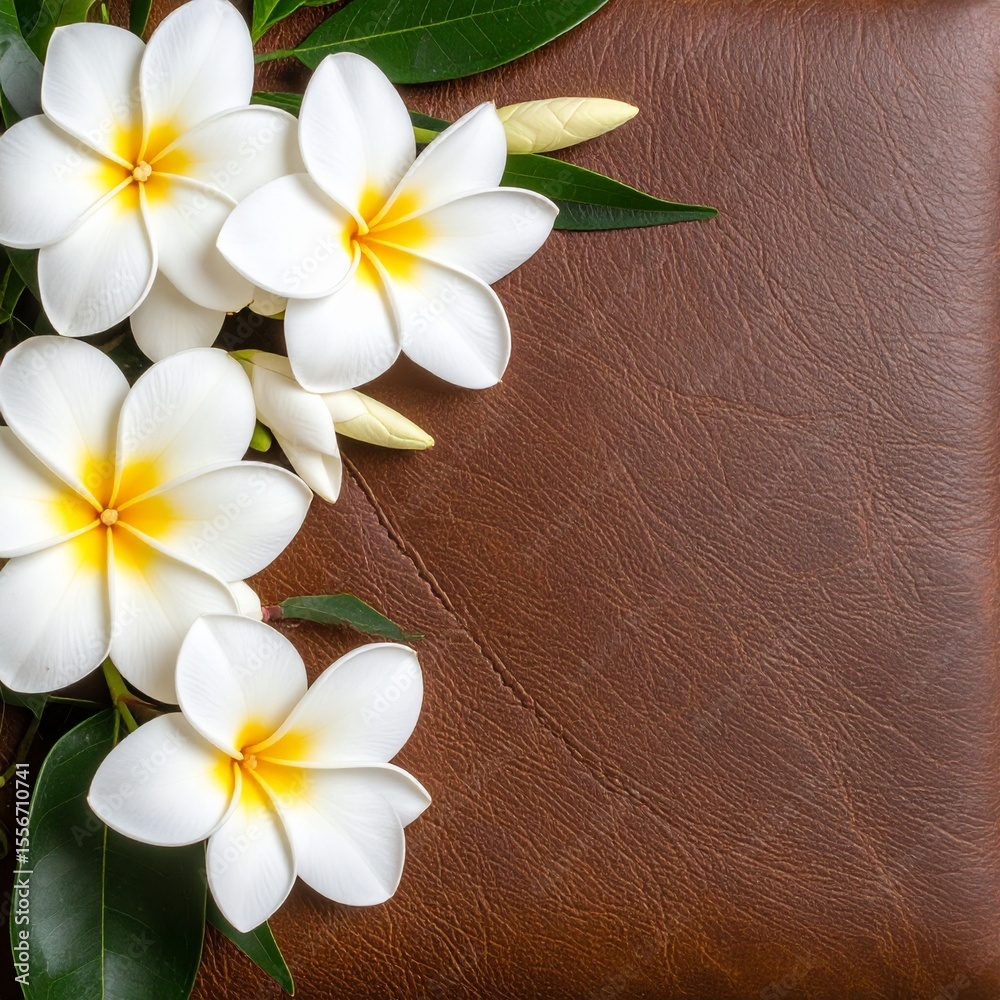 Fototapeta premium Chic leather wallet adorned with bright fresh flowers in a charming flat lay setting