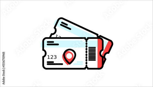 Isolated ticket design with red location logo, ticket with blue highlights and red list on white background