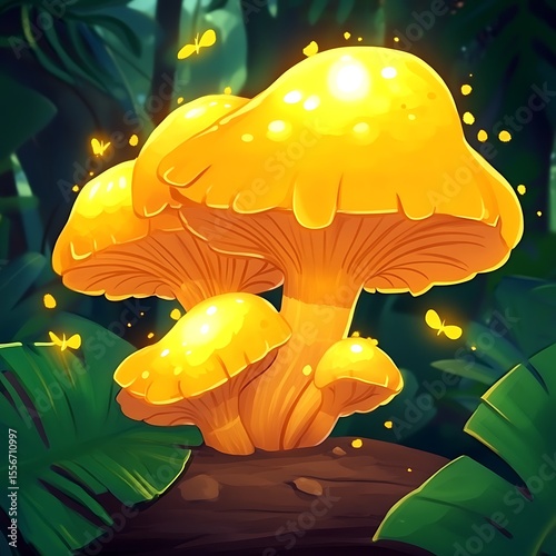 Gleaming yellow mushrooms in a fantastical forest with magical fireflies