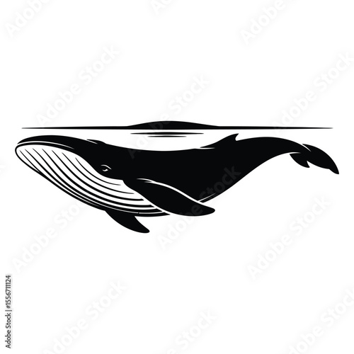 Black and White Whale Silhouette Ocean Water Surface Landscape Vector Graphic