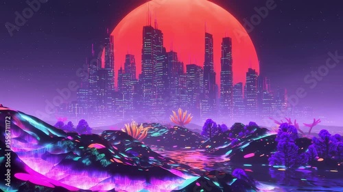 Futuristic city lights shimmer above surreal terrain of vibrant hues