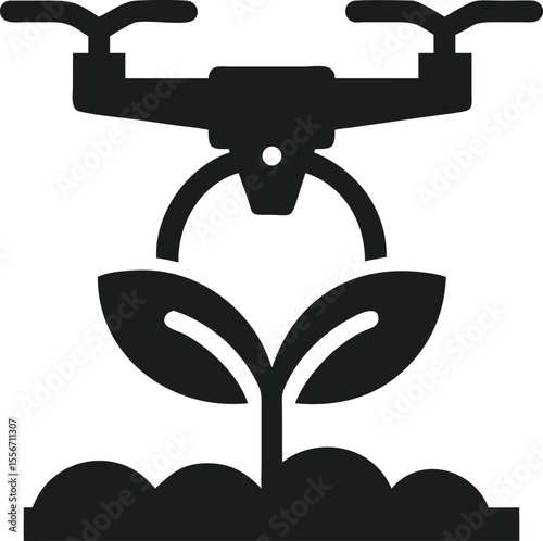 Black silhouette of drone farming technology with plant sprout for agricultural innovation