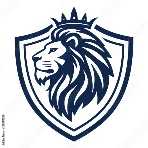 Stylized lion head, golden mane, in shield, emblem design for a financial brand bra, strong, secure, trustworthy.